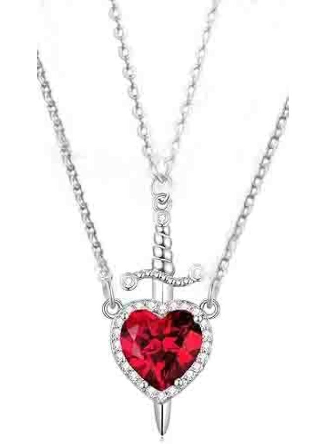 Valentine’s Day Heart & Sword Couple Necklace – Stainless Steel Chain – Red Crystal Heart Pendant – Anti‑Fade - Image 1